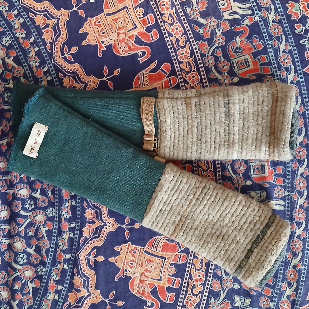 mel en stel, handmade long-length fingerless gloves, boho, recycled materials